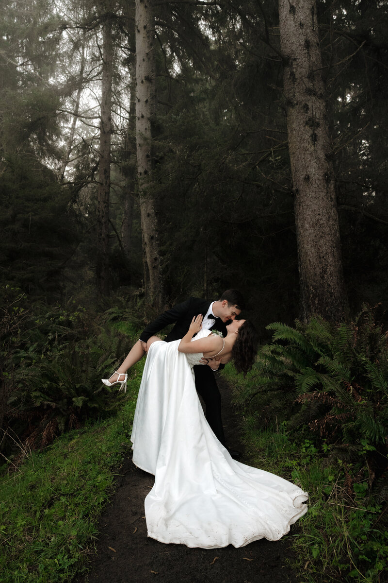 Forest adventure elopement near Cannon Beach in Ecola State Park, Oregon.