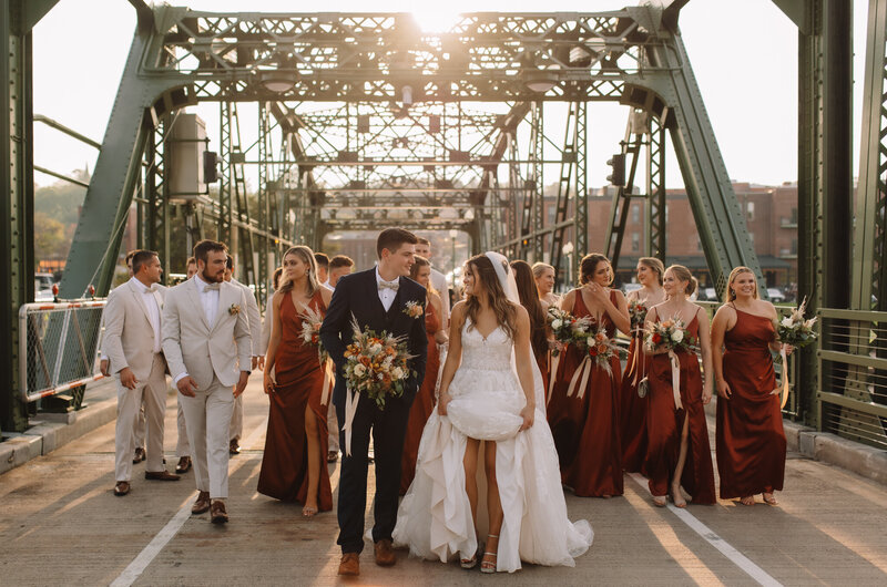 Stillwater wedding party on a bridge in Minnesota