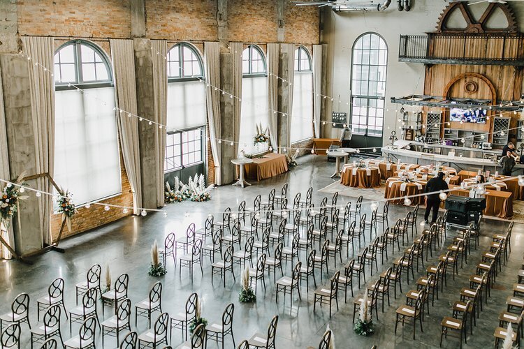 overhead view of wedding venue with rows of chairs set up