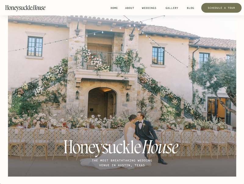 Honeysuckle House Showit website template for wedding venues hero section
