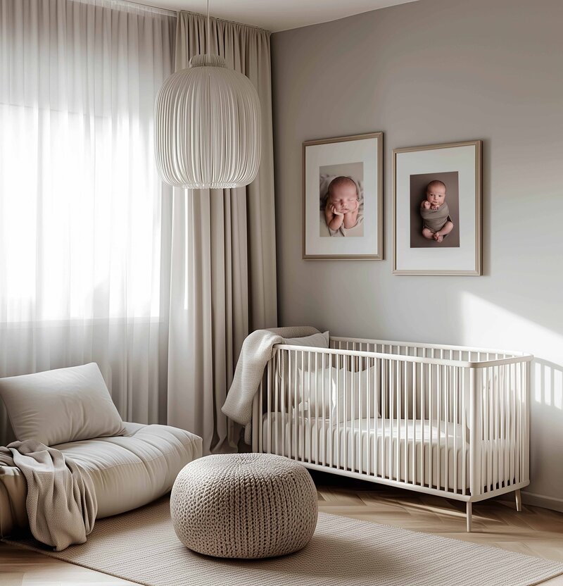 Framed Newborn Photography printed to decorate your nursery with high quality photography products. Photos taken at Marietta studio by Jenni Nikki Photography.