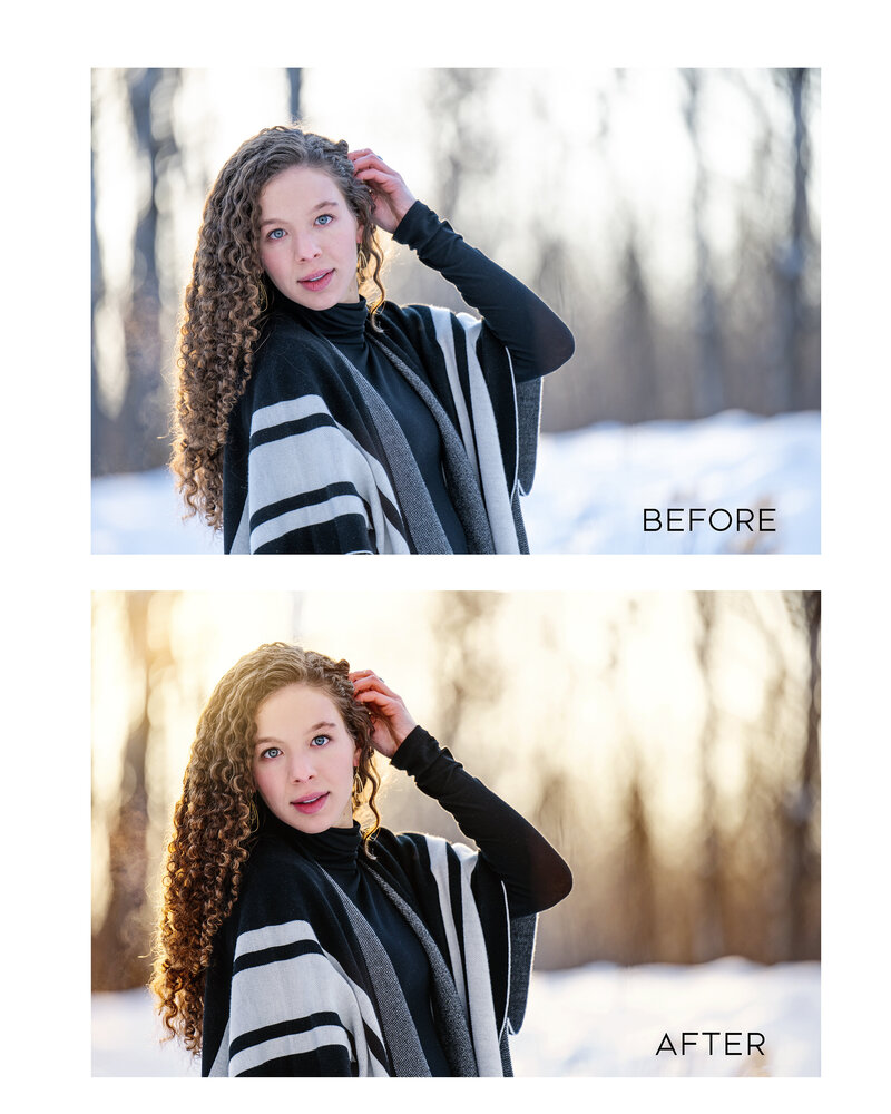senior girl in winter with sweater and hand in hair