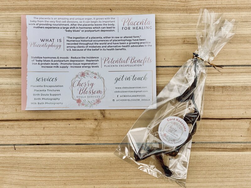 Bag of capsules of placenta with a note from Cherry Blossom Doulas