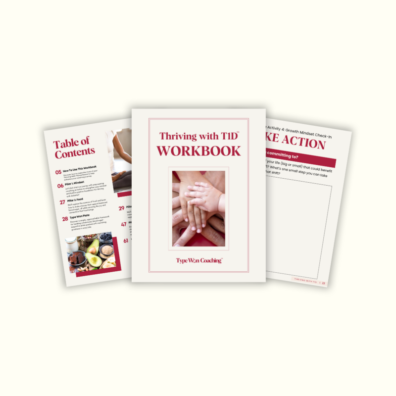 Mockup of the Thriving With T1D™ digital workbook, a coaching resource for T1D moms from Allee Peterson at Type Won Coaching™.