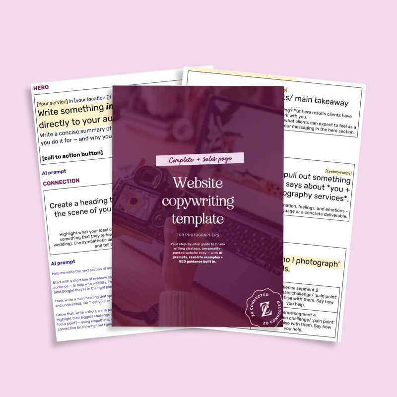 Complete + sales page website copywriting template showing Google doc template + Canva template