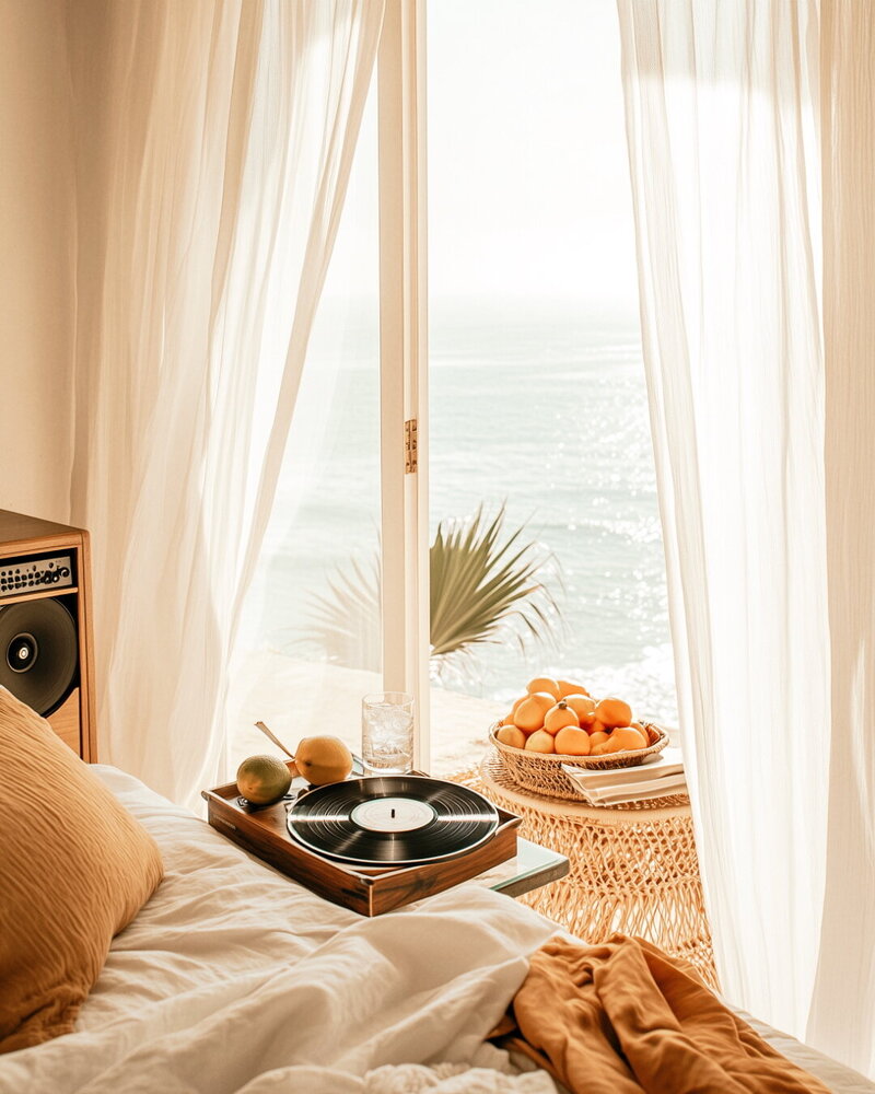 Vintage record player on a sunlit bed near an open window overlooking the beach, evoking nostalgia and dreamy coastal freedom