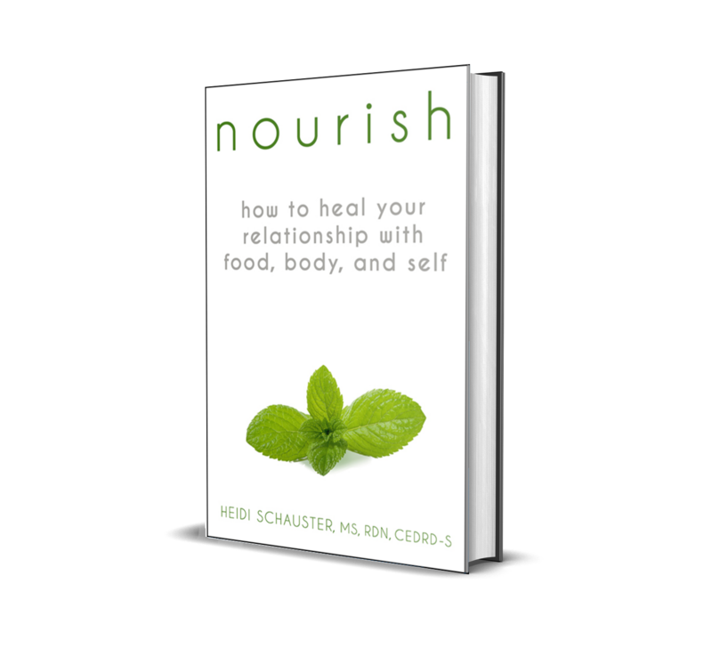 Book cover of "Nourish" by Heidi Schauster, focusing on healing relationships with food, body, and self.
