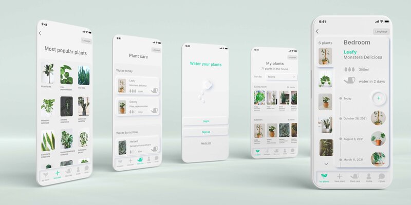 several horizontal mobile mockups of a plant app