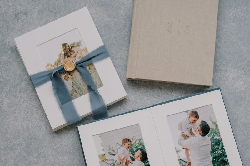 fine art matted prints and linen album with family photos designed by seattle film photographer lena porter