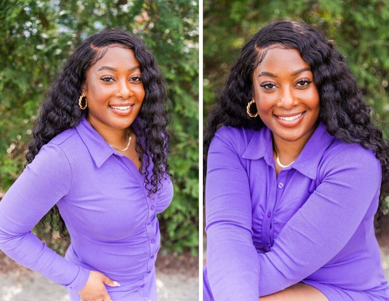 brown skin women headshot with long hear smiling and wearing a purple buttoned up dress outside in The Point Atl Atlanta by Laure Photographyheadshots man standing outfit in blue jacket headshot woman agains dark studio background in Atlanta by Laure Photography
