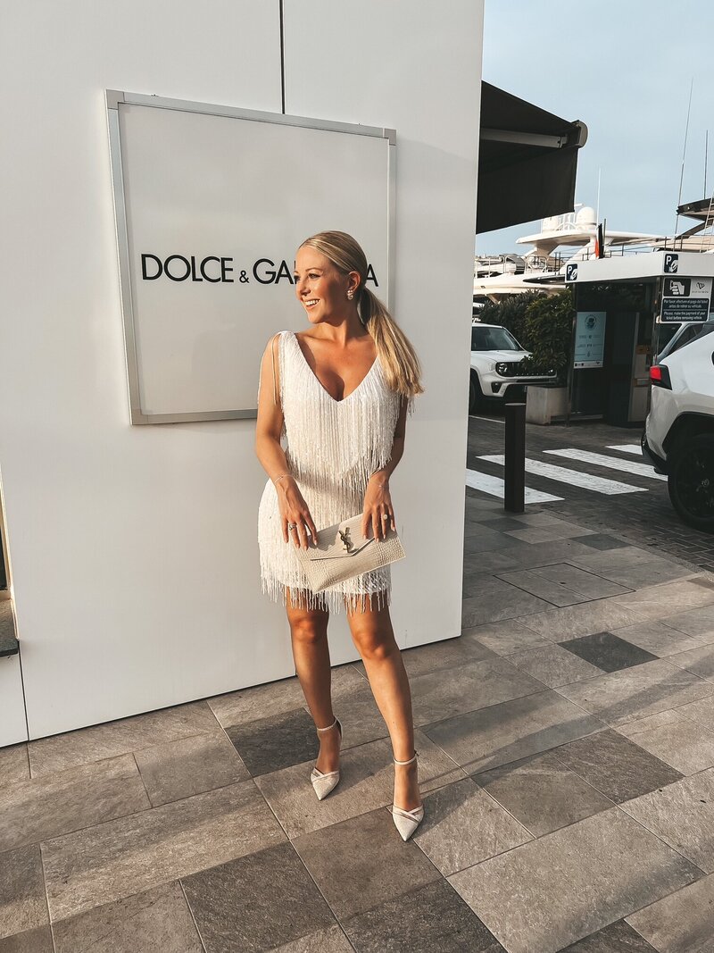 Daisy Grace Appleby wears the popular white Nadine Merabi bridal collection dress in Ibiza