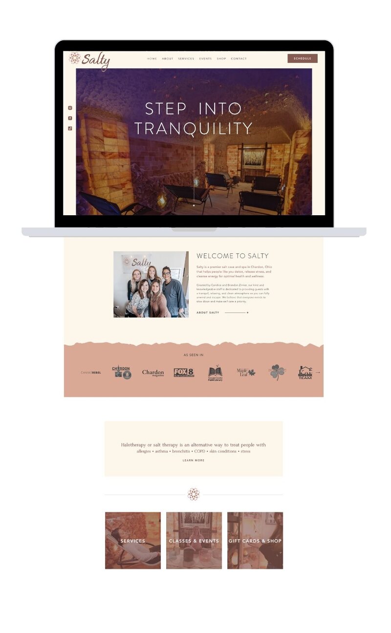 Mock-up of Salty's website on a computer, featuring a modern, inviting design for this salt therapy and wellness center.