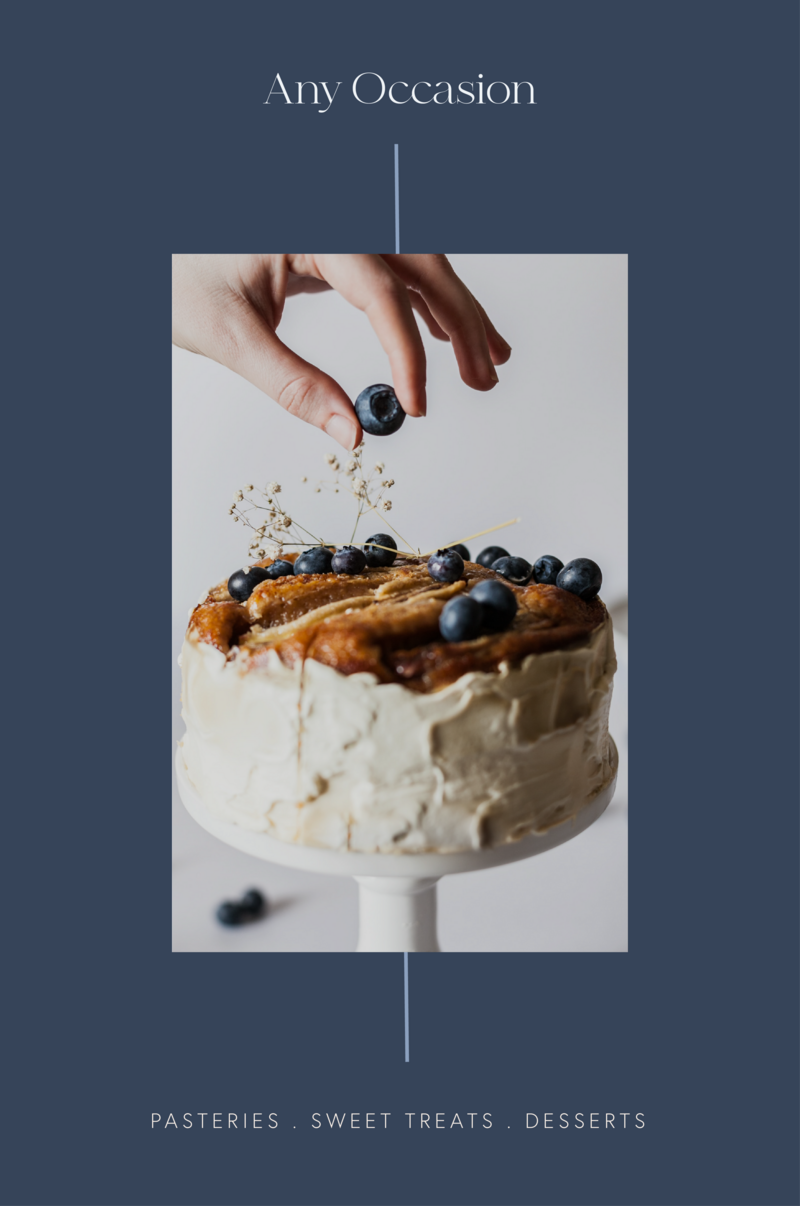 Social media graphic design with an image of a blueberry cake on a navy background with branded fonts