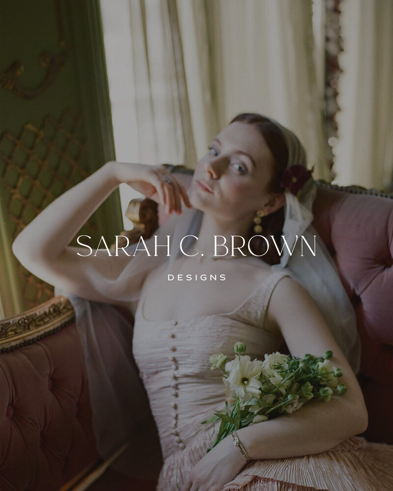 Editorial bride portrait with Sarah C Brown Designs logotype overlaid, showcasing floral styling identity