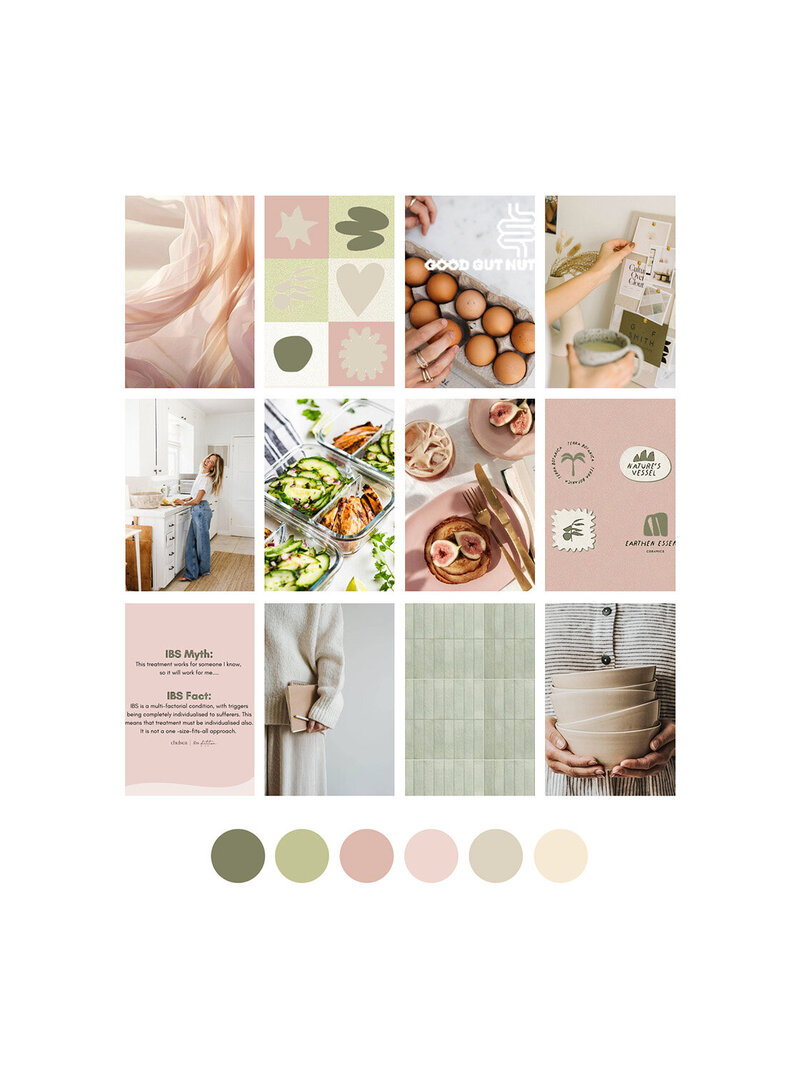 A colorful moodboard displaying a variety of images in different styles and themes for a gut health dietitian.