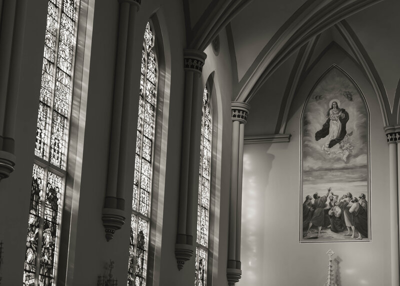a black and white detail image of Emmanuel Catholic Church in downtown Dayton, Ohio