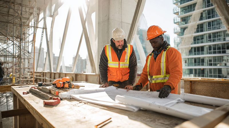 Two Serlana construction workers reviewing blueprints on a commercial building site