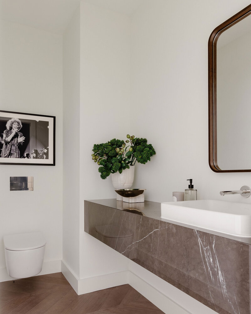 Grafite marble powder room counter with wood flooring