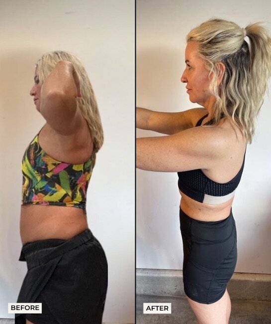 Before and after photos of Ashley, age 54, showing a 22-pound weight loss and improved posture after joining Strong Fit Life.