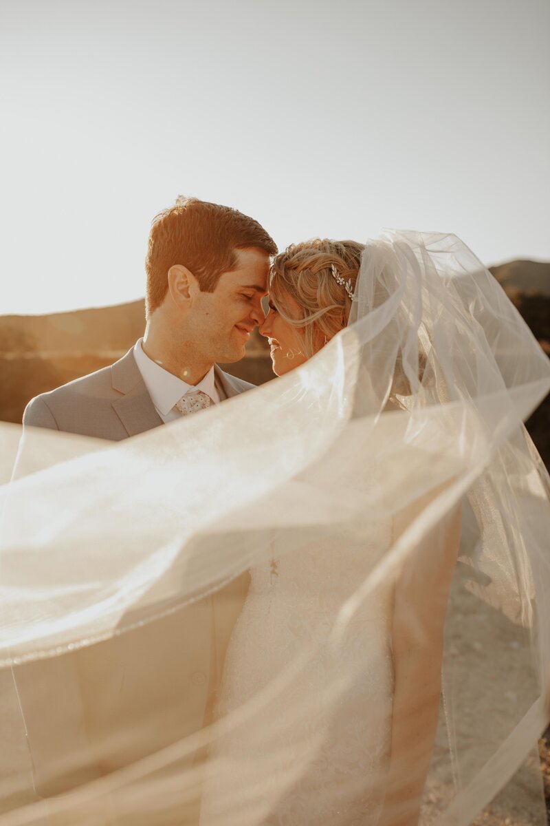 bride and groom embracing under veil