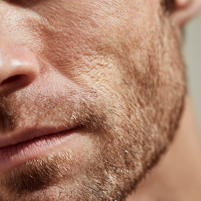 Close-up of white man's beard, jawline & skin