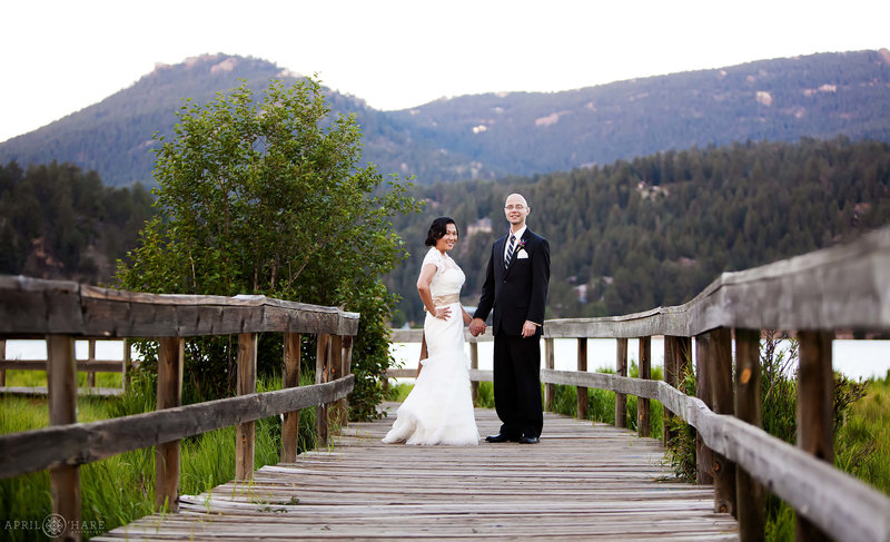 Boardwalk wedding photo at Evergreen Lake House during summer