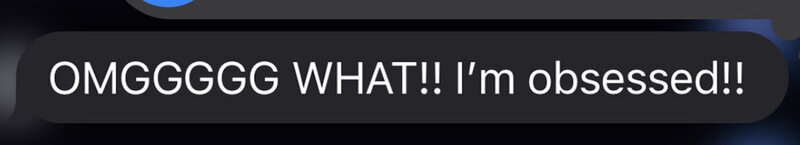 A screenshot of a text from a client received by photographer. The photo is tightly cropped so as to not reveal any personal information. The text reads "OMGGGGG WHAT!! I'm obsessed!!"