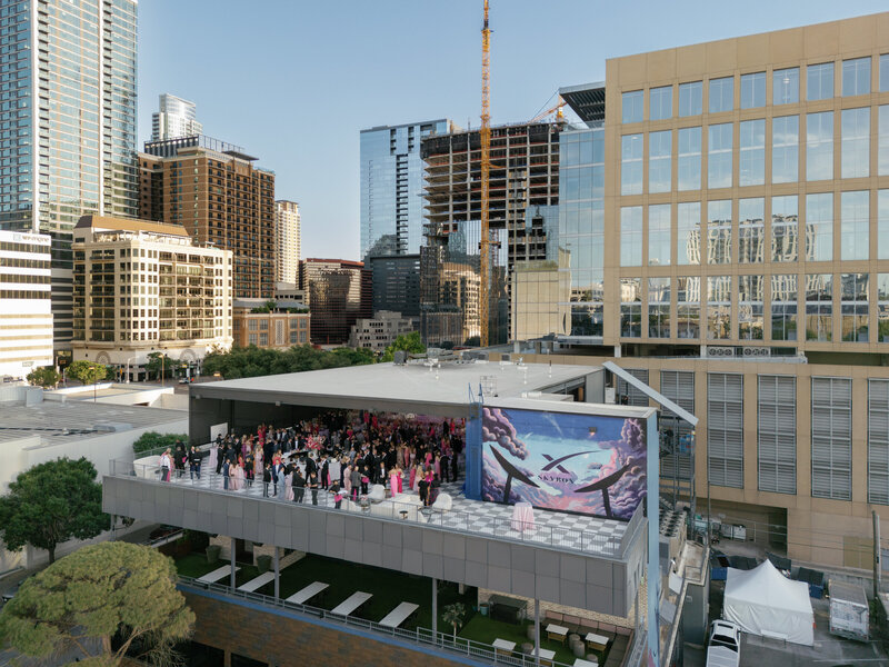 Pink wedding reception on rooftop venue in downtown Austin, Texas