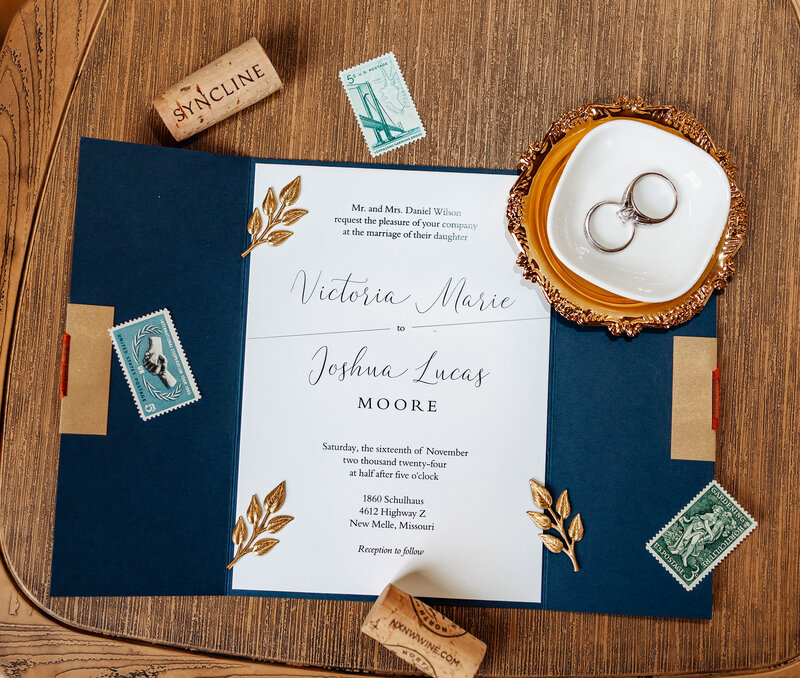 Elegant bridal details and wedding rings styled for an intimate elopement at 1860 Schulhaus Venue in Defiance, MO, captured by Style & Grace Photography.