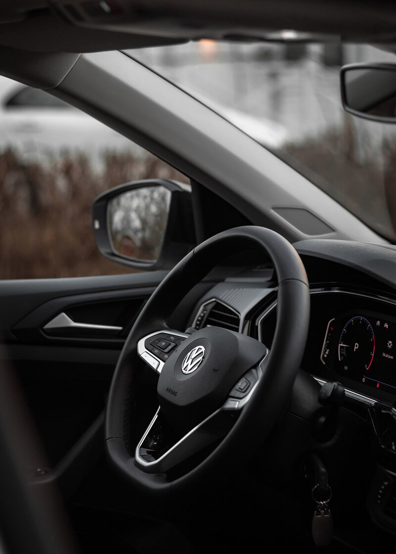 Volkswagen interior closeup of steering wheel