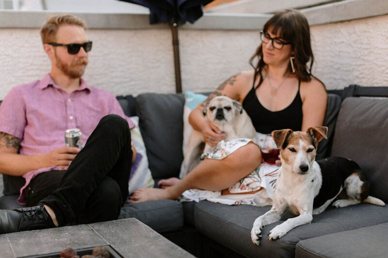 A cozy rooftop scene features a man and woman on a couch, happily accompanied by their two dogs.