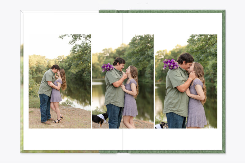 Album layout featuring three vertical images showing the engaged couple going in for a kiss.