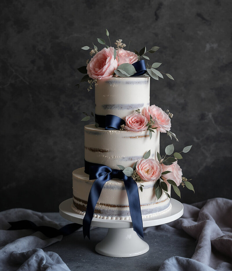 Three-tiered naked wedding cake, wrapped in blue ribbon and decorated with pink roses.