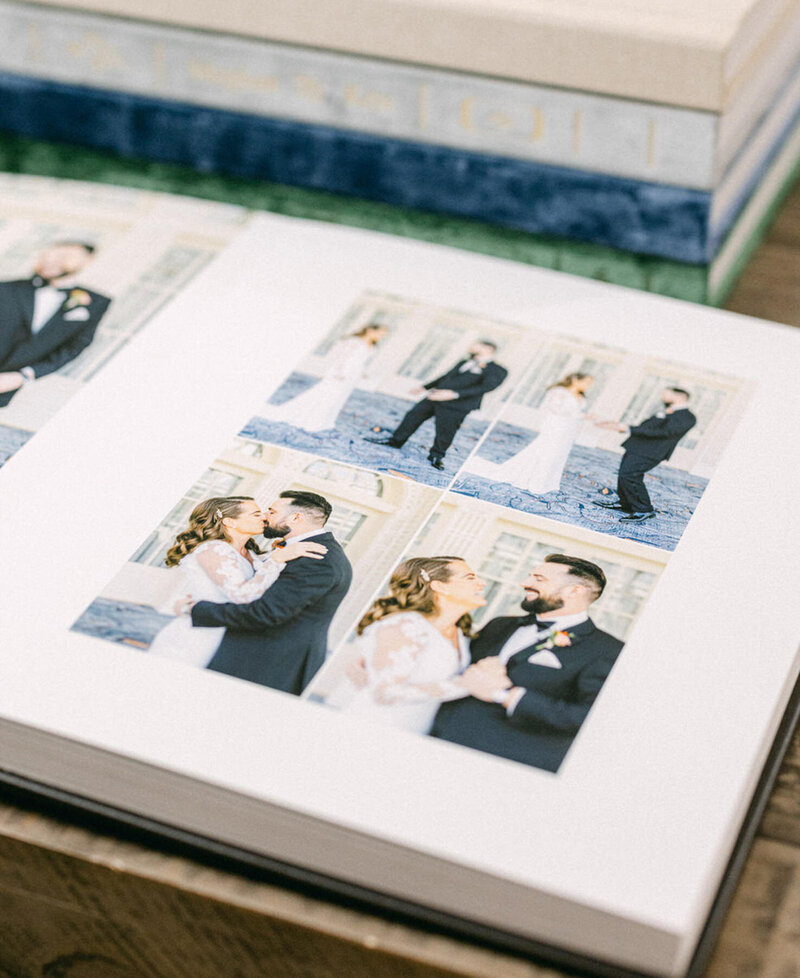 This photograph highlights a luxury wedding album available for couples to purchase, featuring their wedding day, elopement, or engagement shoot. Crafted to the highest standards of quality, these timeless albums are designed to last, preserving cherished memories in an elegant, long-lasting format.