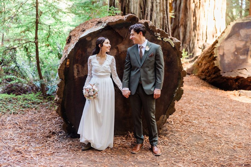 The bride and groom stand in front of a large cut Redwood tree.
