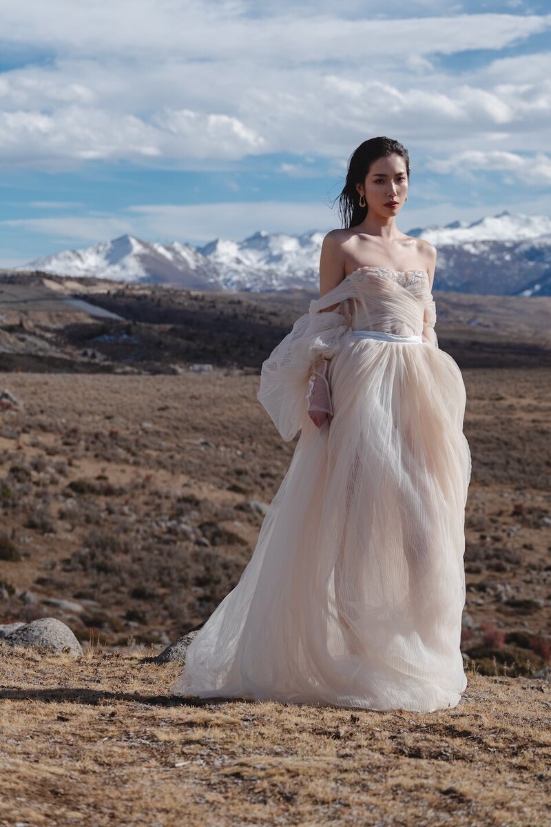 Couture bride shot in dramatic mountain scape.