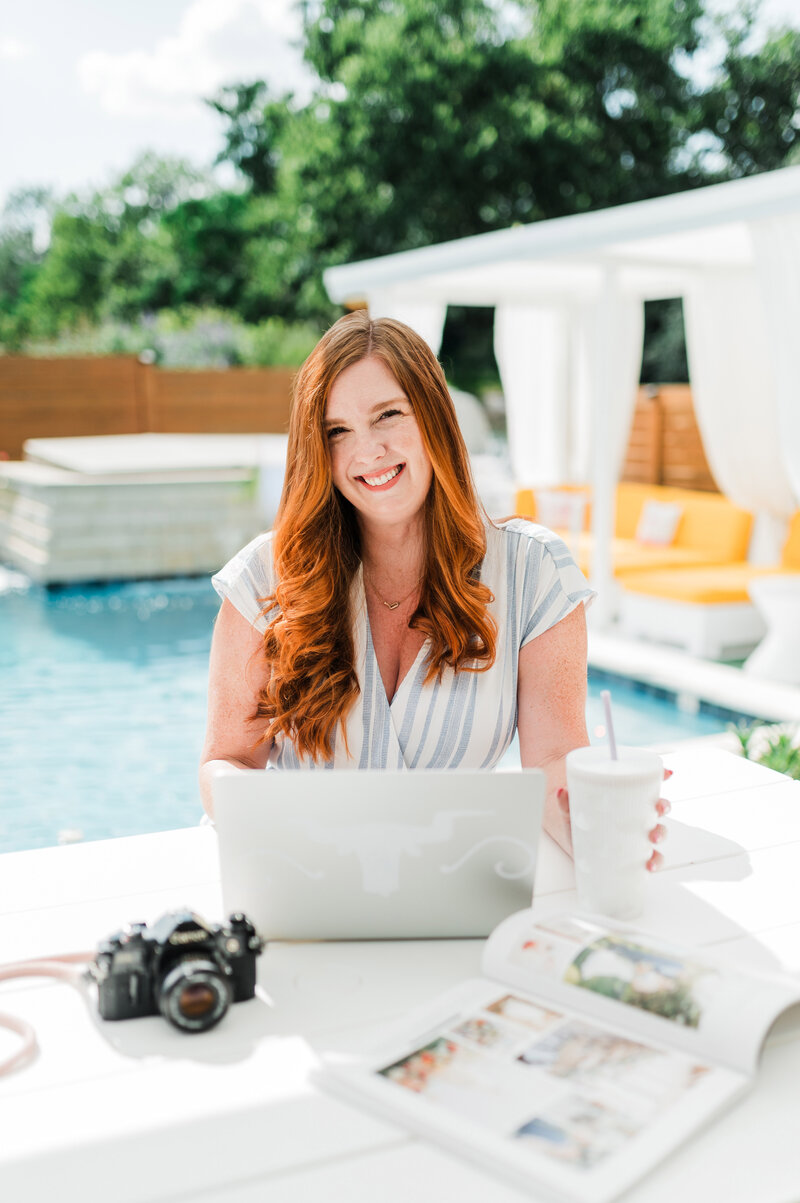 austin wedding photographer tara paige weddings brand portrait by swimming pool