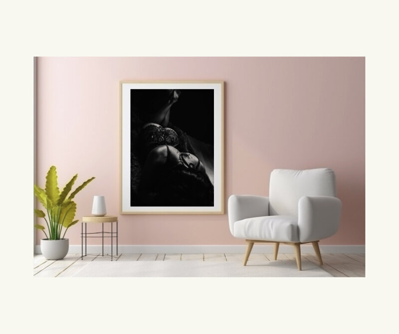 Black and white image on a pink wall in Minneapolis Mn