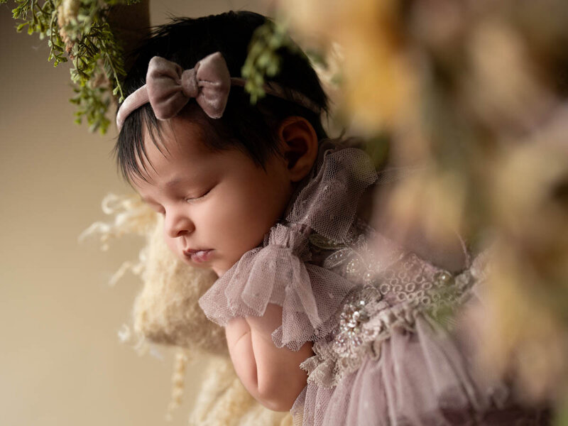 High end newborn portrait of a little girl in a purple dress and bow