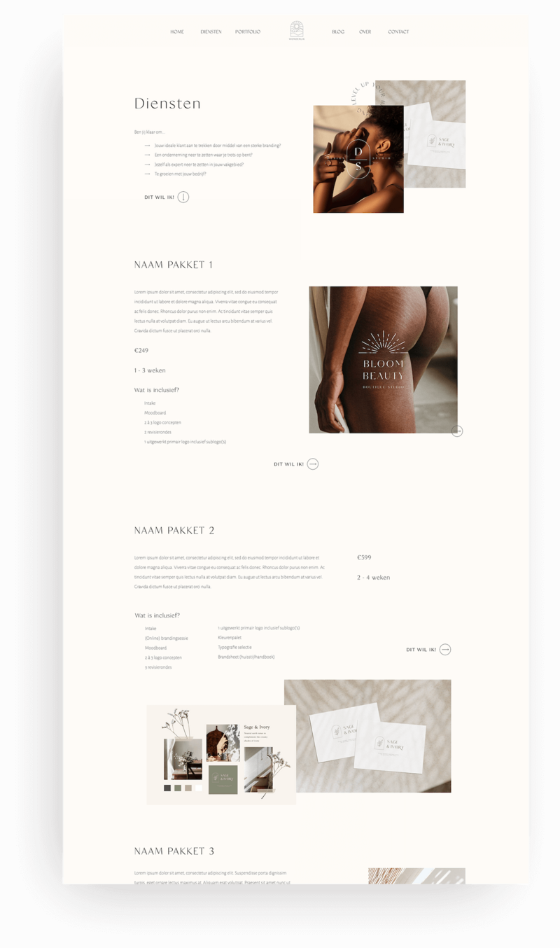 Wabi Sabi Showit website template Diensten