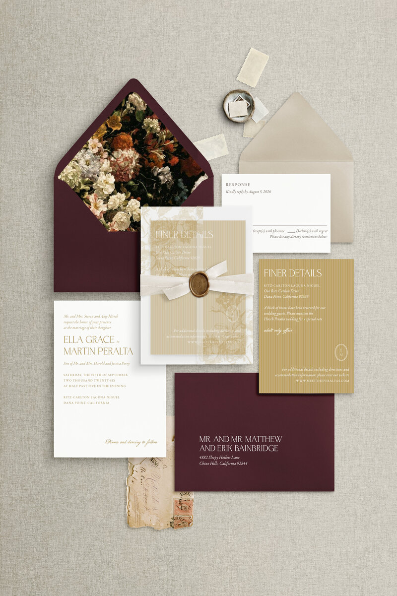 Semi custom wedding invitations with envelope liner and vellum wrap