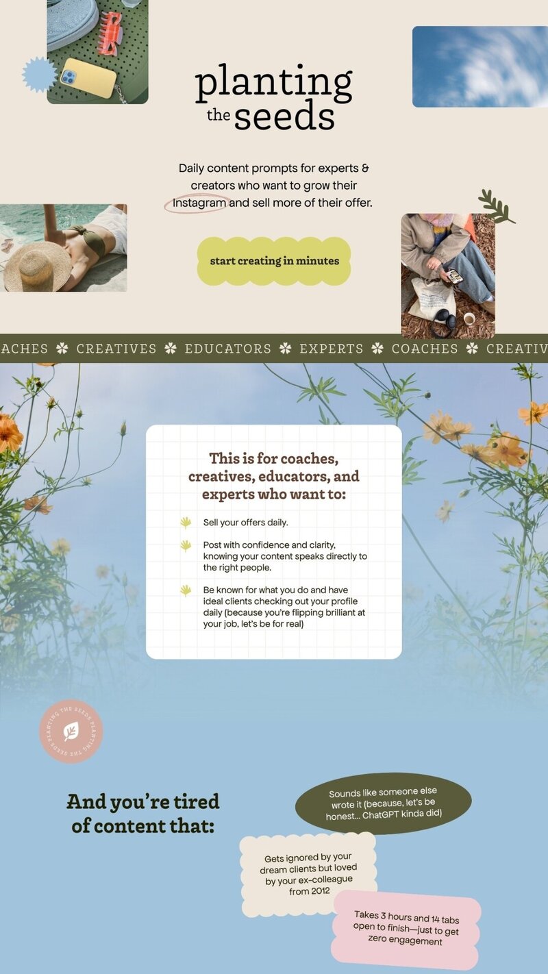 screenshot of gemma watts' planting the seeds sales page