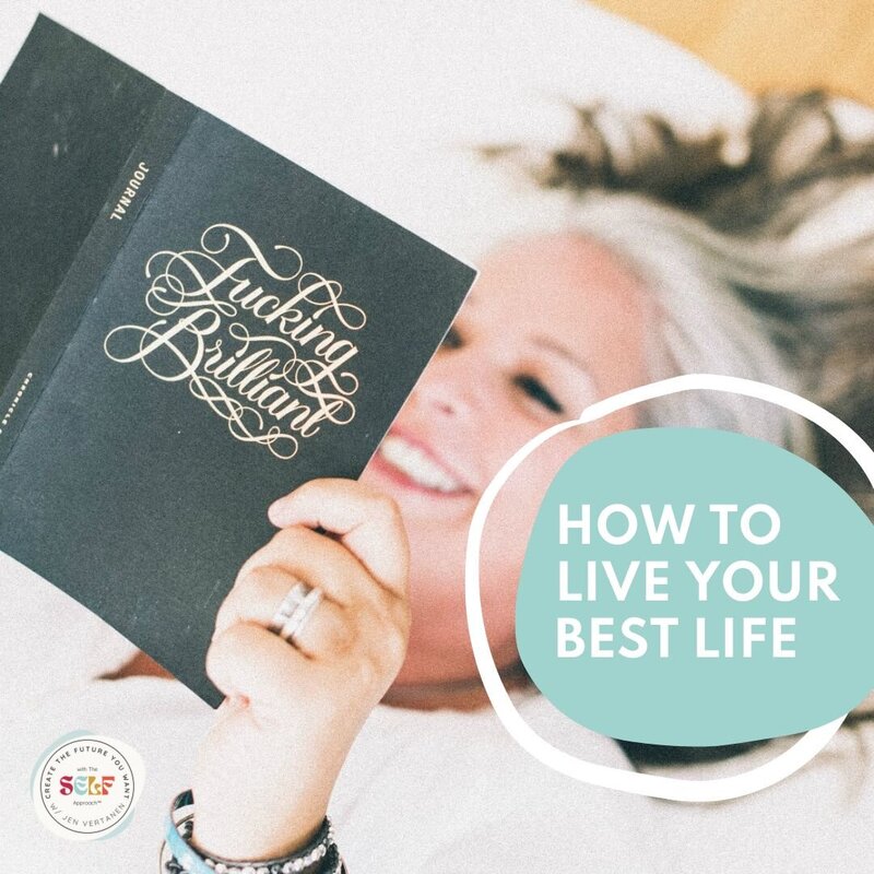 Jen Vertanen Life Design Coach lying on her back reading a journal with a blue circle and the words How To Live Your Best Life