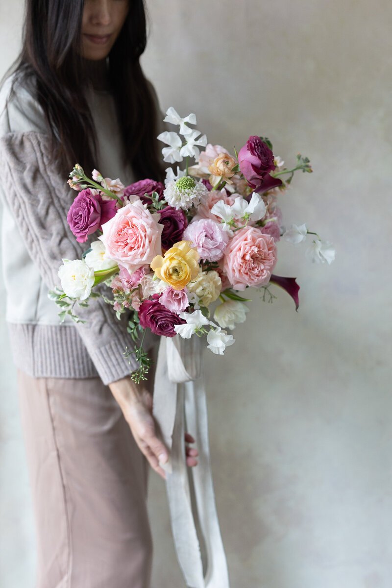 Valentine wedding bouquet using StemSlider bouquet-making tool with magenta, blush, white blooms by Koko Flora