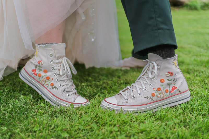 Stunning photograph showcasing two matching wedding-themed shoes, capturing the essence of unity and elegance for your special day.