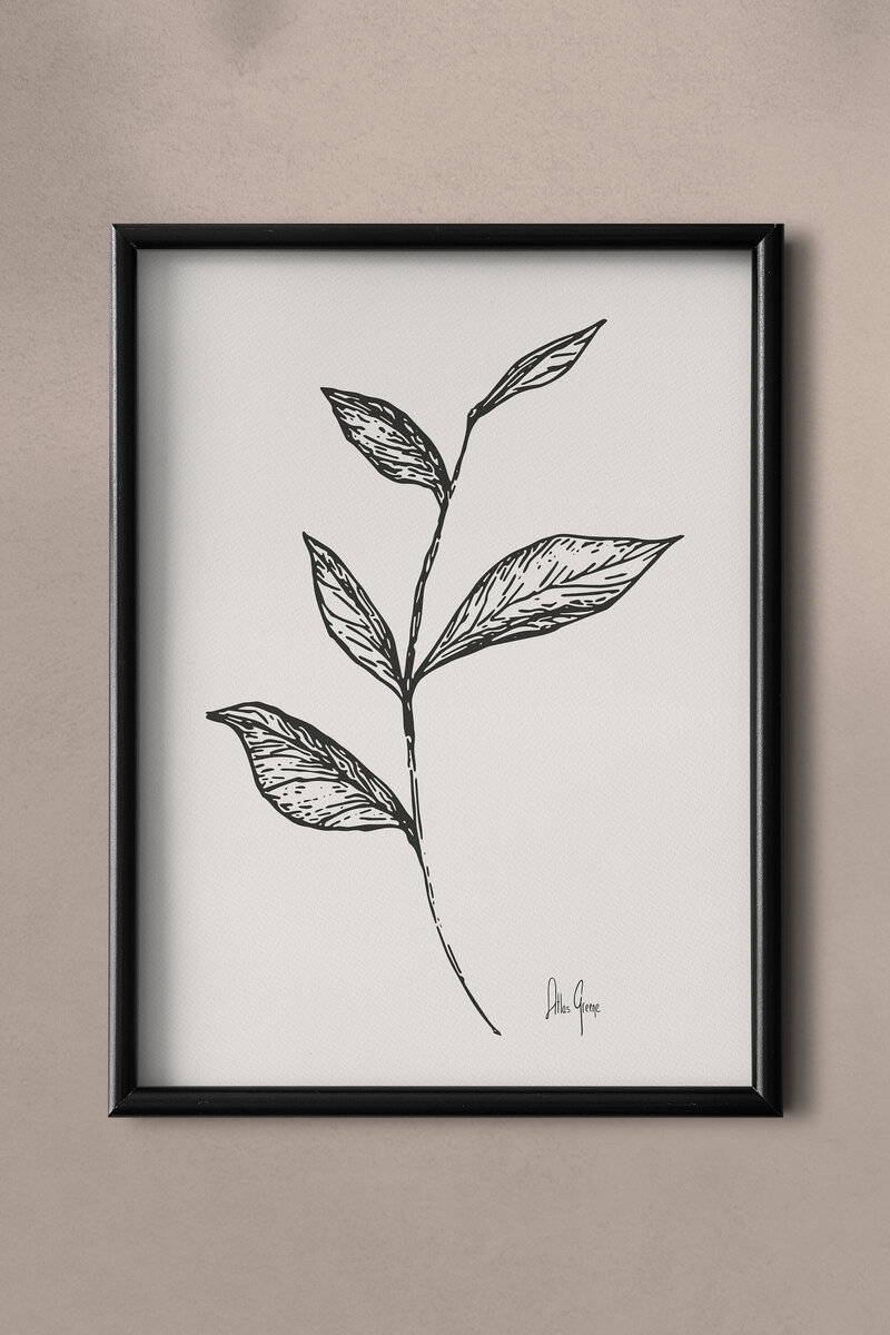 Highly detailed hand drawn leafy stem - modern, minimalism, monochromatic, ink drawing, botanical art by Atlas Greene