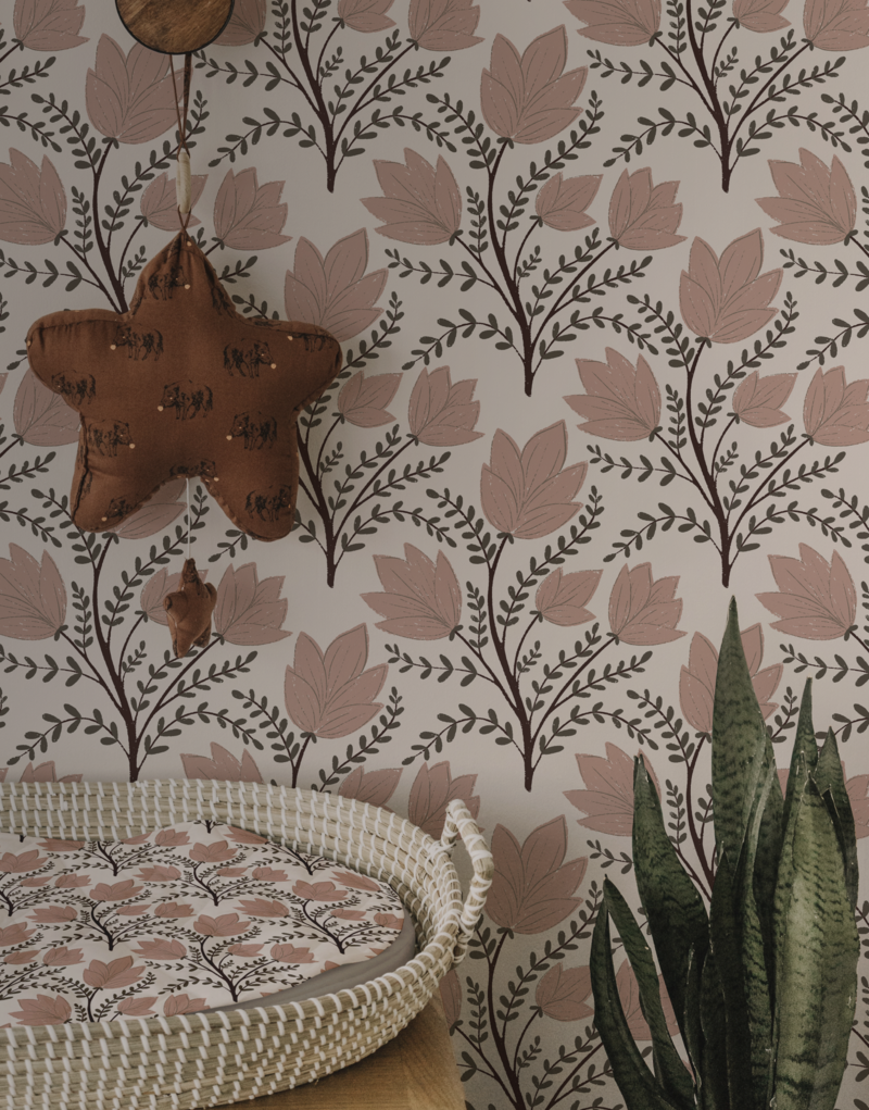 Grandmillennial nursery  wallpaper pattern in hues of blush pink, sage green, and a soft clay background. French country, vintage print, baby girls room