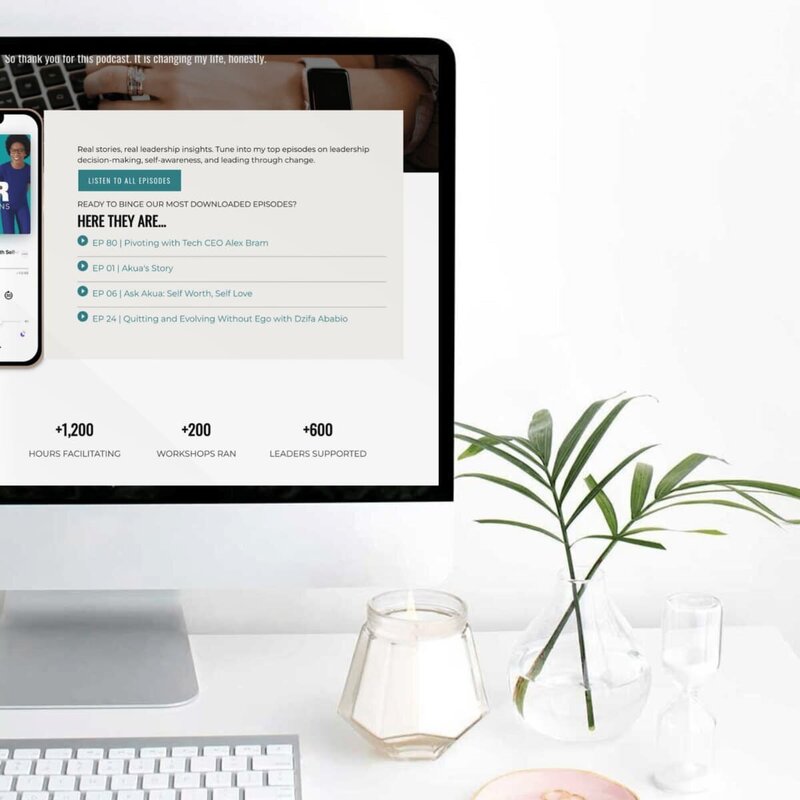 Device mockup showing Akua Nyame‑Mensah’s website on apple iMac, custom website design by Rachelle Deem for leadership coach