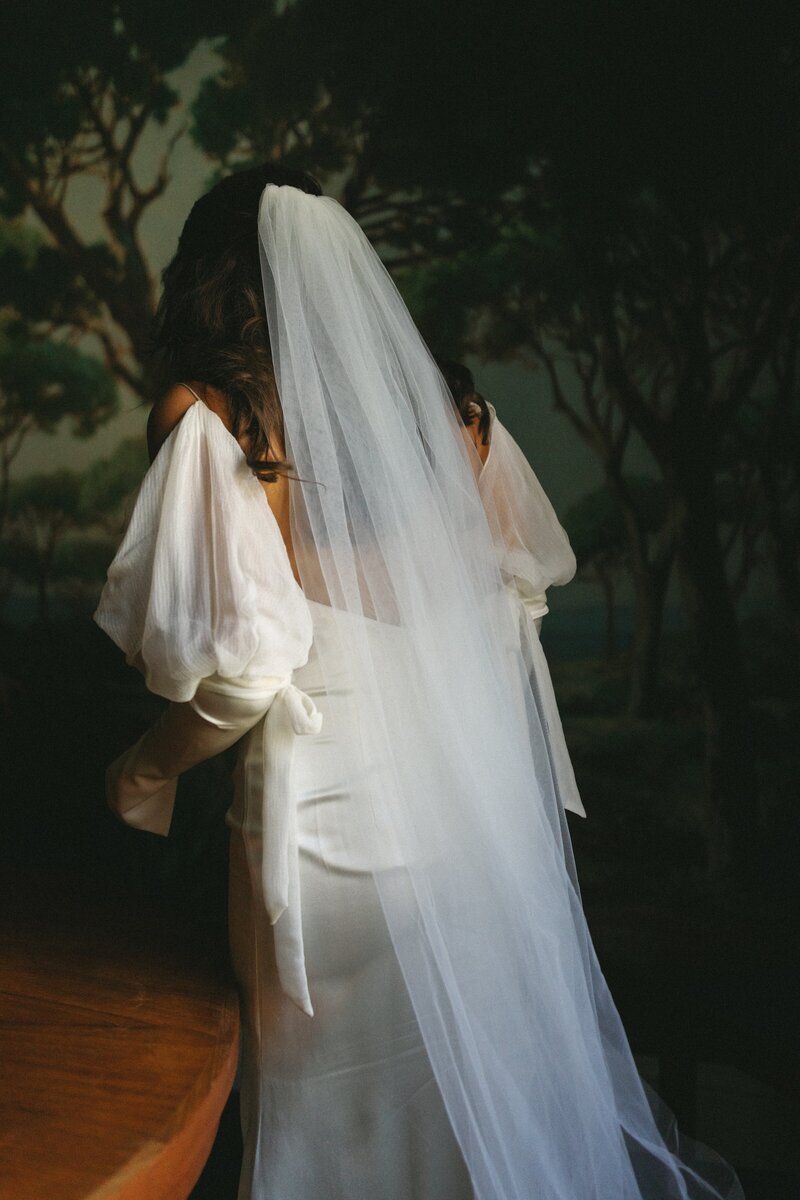 Elegant bride in a flowing veil at Commodore Perry Estate in Austin, Texas. A timeless fine art wedding portrait captured in soft, golden light.