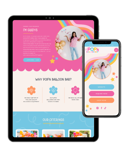 bright, bold, colorful Showit website template for party planner, event planner, or balloon artist on Showit by Daydream Sites